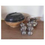 KDE085- Pewter Salt & Pepper Shakers & Woven Serveware With Silver Tone Lid 