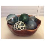 MMT089 Seven Japanese Glass Fishing Floats & Monkey Pod Wood Bowl