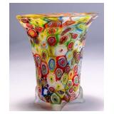 WAC002 Exquisite Vintage Handblown Murano Millefiori Art Glass 3-Leg Pedestal Vase