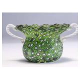WAC005 Green and White Handblown Murano Millefiori Art Glass Scalloped Edge Vase w/Handles 