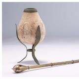 WAC016 Antique South America Yerba Mate Tea Pot w/Bombilla Wood/Gourd (?) 