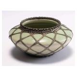 WAC032 Beautiful Meiji Japanese Pottery Vase w/Silver Basket Weave Overlay 