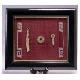 WAC078 Ancient Chinese Artifacts - Coin, Knives, Textile - Custom Framed 