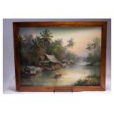 WAC102 Original Oil on Canvas Philippines River Scene Koa Frame 