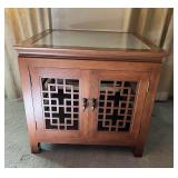MLC042- Vintage Glass Top Carved Oriental Style Side Table