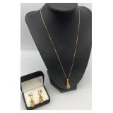 MLC404-14k Gold Pineapple Pendant, Chain & Earrings 
