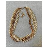 HTS445- Brown & White Pearl Necklace & Earrings 