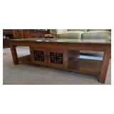 HTS712 - Vintage Glass Top Carved Oriental Style Coffee Table