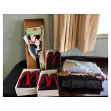 WHT108- Vintage Japanese Fabric & Collectible Decor Including Three Pairs of Japanese Wood Shoes