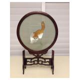 MCT142 Chinese Double Sided Cat Embroidery On Silk In Carved Wooden Frame