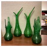 SJP141 Four Vintage Green Glass Vases