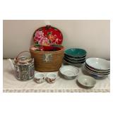 SJP520 Chinese Porcelain Tea Set In Basket & Serving Bowls 