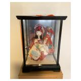CTD152 Japanese Doll With Samurai Hat In Glass Case