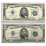 SST355 - A Pair of Silver Certificate $5 Five Dollars Banknotes