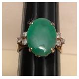 MMS328 14K Green Jade & Diamond Ring Size 6.5