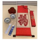 MTH053 Chinese Paper Cut Art Scroll, Red Cinnabar Trinket Dish & More!