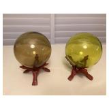 MTH072 Two Large Curio Glass Floats With Wooden Stands
