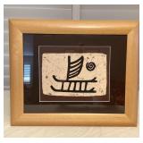MTH115 Framed Hawaiian Petroglyph Wood Block Print Of A Canoe