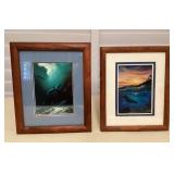 MTH135 Two Koa Framed Pictures Of Dolphins & Humpback Whales 