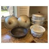 MMM129 Cast Iron Wok, Aluminum Steamer & Ceramic Casserole Dish
