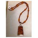 TTK130 Sterling Silver Amber Pendant On Beaded Necklace New