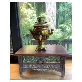 PFG076 Vintage Russian Samovar & Small Carved Wooden Cabinet