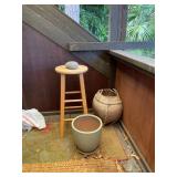 PFG161- Wooden Stool, Clay Pot, Woven Basket, And Rock 