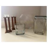 TOI073- Etched Glassware, Ornate Glass Vase & Candle Holders 