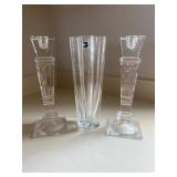 TOI180- (2) Neiman Marcus Crystal Candle Holders & Sevres French Crystal Vase 