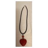 DFT362 Myrna Lee Chang Black Onyx Beaded Necklace With Red Cinnabar Heart Pendant New