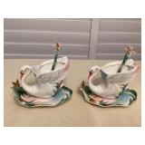 MTT179 Two Sets Of Alii Porcelain Swan Teacups, Saucers & Spoons New