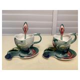 MTT180 Two Sets Of Alii Porcelain Peacock Teacups, Saucers & Spoons New