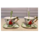 MTT181 Two Sets Of Alii Porcelain Parrot Teacups, Saucers & Spoons New