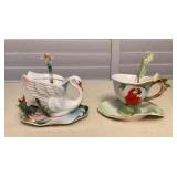 MTT182 Alii Porcelain Swan & Parrot Teacup, Saucer & Spoon Sets New