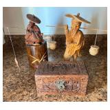 PCT038- Assorted Vintage Wooden Figurines, Sandalwood Jewelry Box & Vase