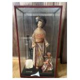 PCT074- Vintage Japanese Geisha Dolls w/Shamisen In Glass Display 
