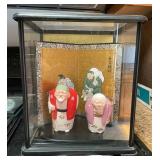 PCT079- Ceramic Figurines - Obaasan & Ojiisan in Glass Case w/Scroll Screen