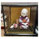 PCT084- Vintage Japanese Ceramic Figurines - Girl & Dog w/Ball in Glass Display Case