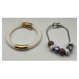 PCT227-2 Ea Bracelets. White Jade Bracelet & Silver Toned Beaded Bracelet