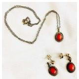 HPT005 Genuine Red Coral Pendant & Earrings Set