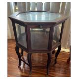 AAT130 Antique Looking Carved Wooden Glass Paneled End Table