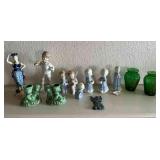 AAT186 Fine Porcelain Figurines & Pair Of Enameled Mini Glass Vases