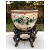 CCS103 Large Porcelain Fish Bowl Planter & Wooden Lacquered Stand