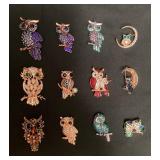 CCS205 Twelve Owl Costume Jewelry Brooches