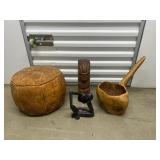 FTH258- Wooden Decor & A Vintage Handcrafted Leather Poof