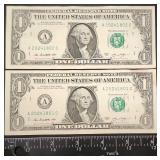 FTH414 - US Dollar One-Dollar Bill Sequential Serial Numbers (2) 