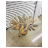 FTH446- Beautiful Burlwood Root Table With Glass Top