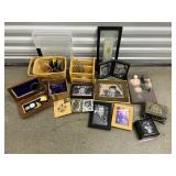 FTH498- Assorted Vintage Pins, Frames & Jewelry Boxes