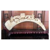 NVN049- Ivory Colored Resin Carving Of Asian Village With Wooden Stand 