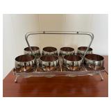 NVN068- Rolly Polly (8) Piece Glass Set In Silver Tone Metal Caddy